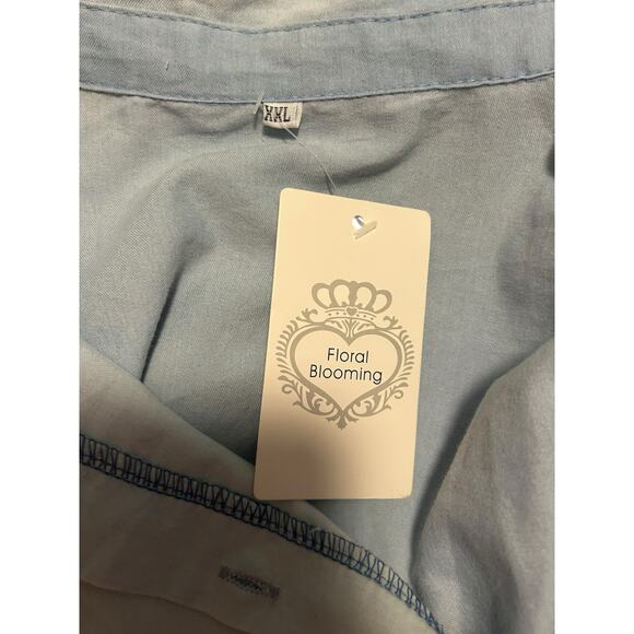 Floral Blooming Light Blue Chambray Ruffle-Hem Short-Sleeve Shirt Dress Size XXL - Picture 4 of 4